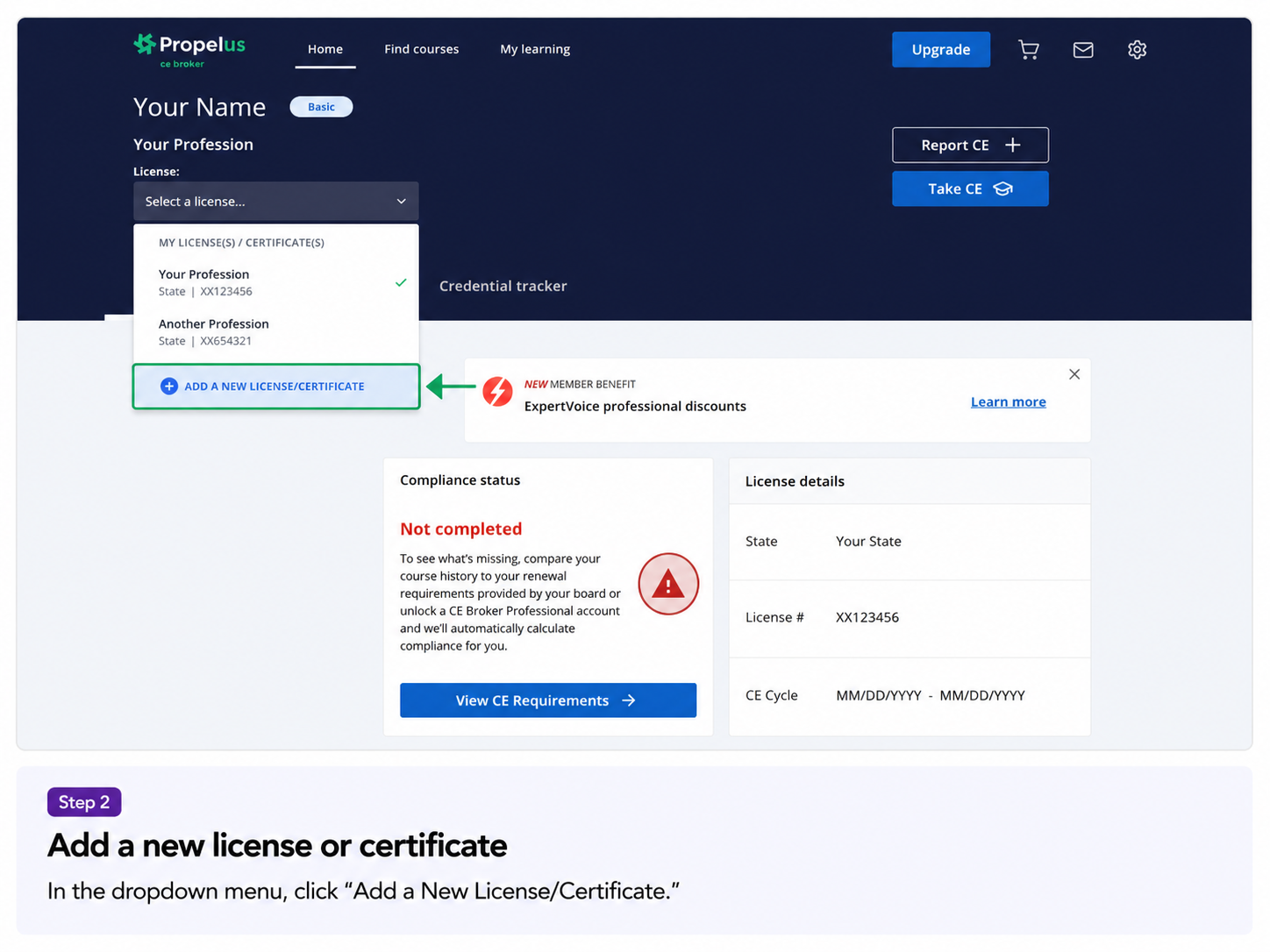 Add a new license or certificate in CE Broker