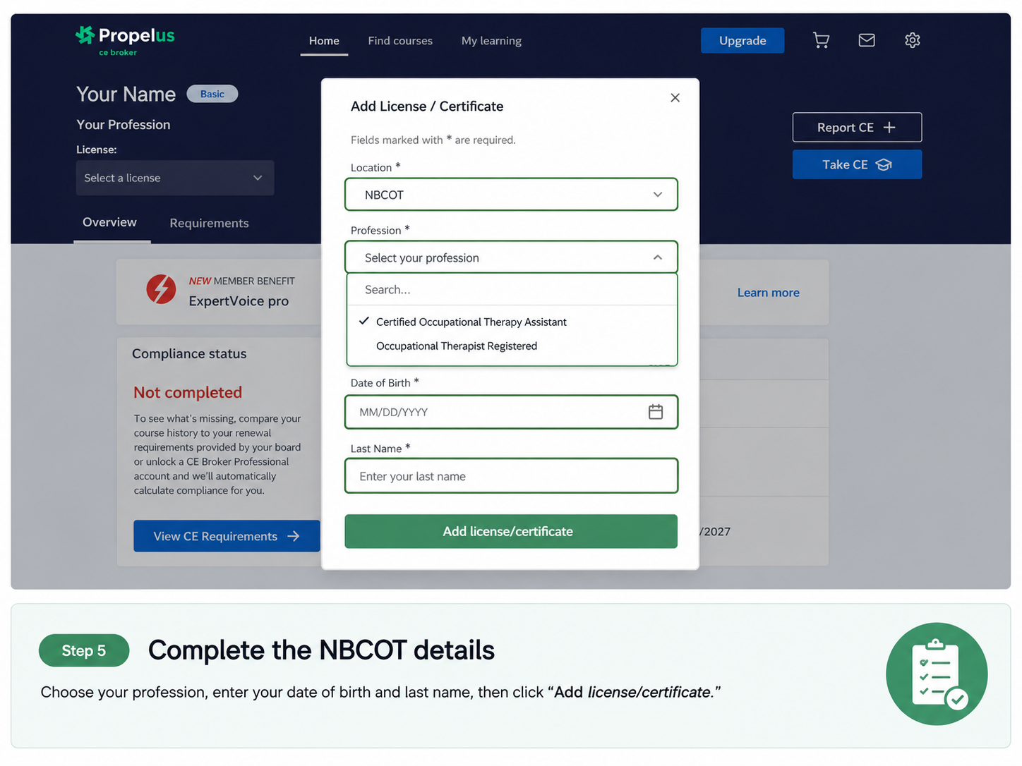 Complete your NBCOT details in CE Broker