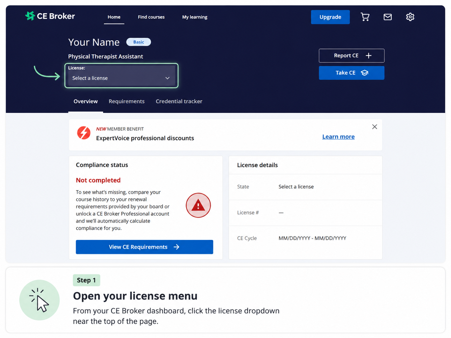 Open your license menu in CE Broker