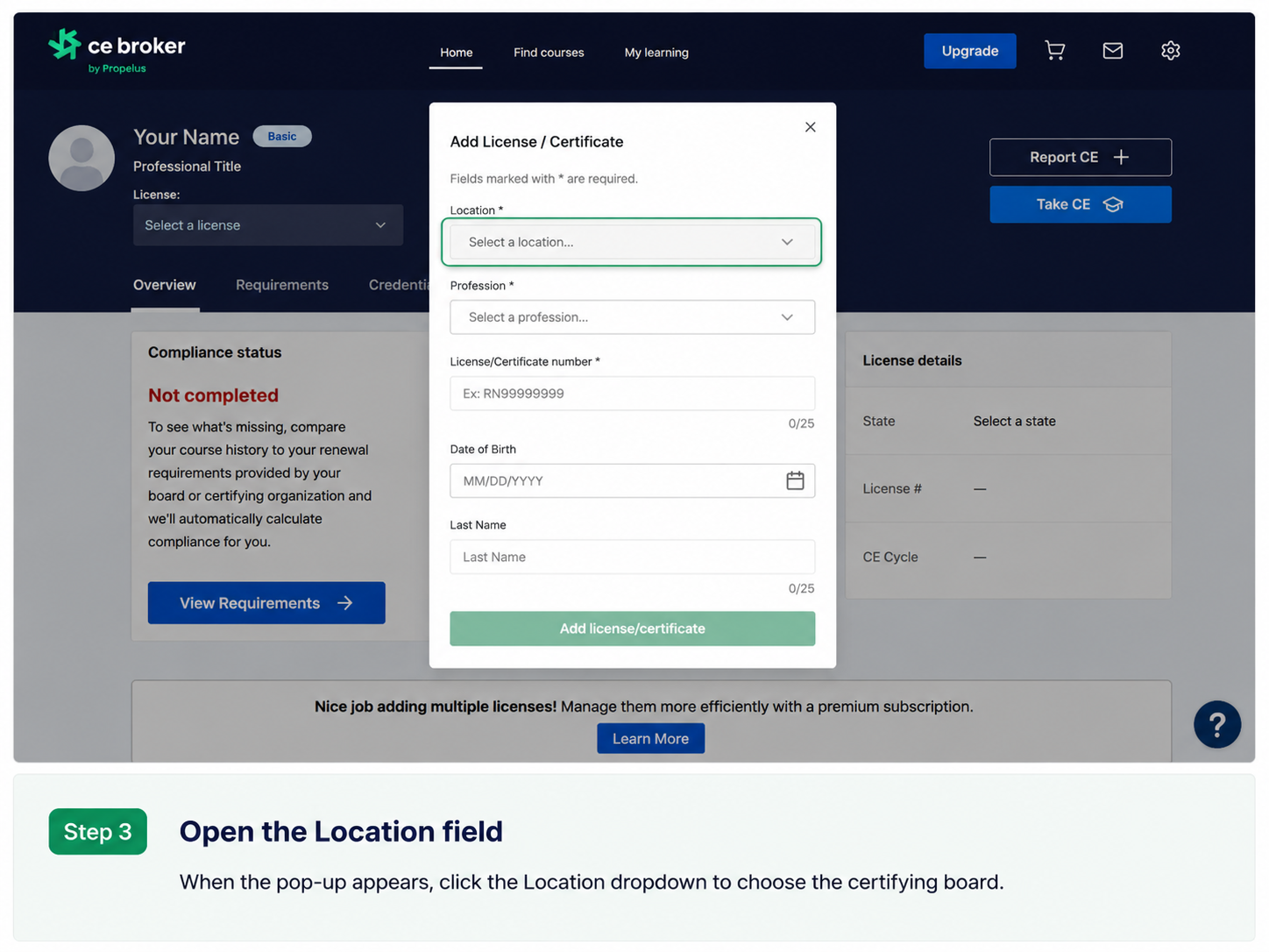 Open the Location field in CE Broker