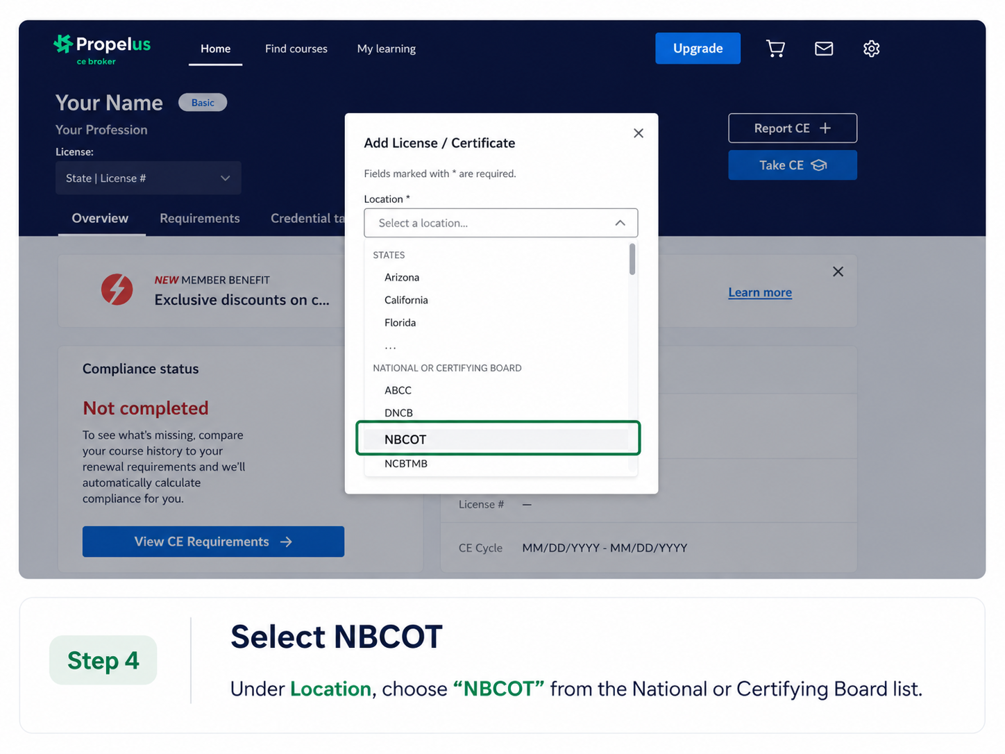 Select NBCOT in CE Broker